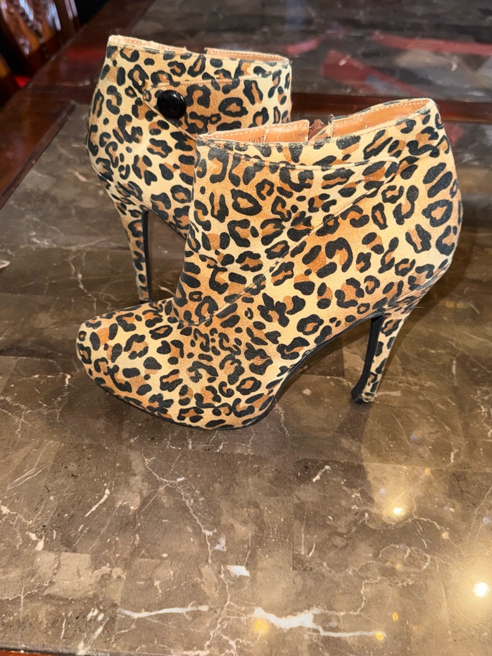 Leopard Print High Heel Ankle Booties - Tan/Black